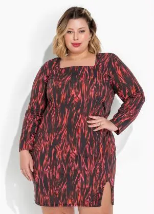 Marguerite - Vestido Abstrato Preto com Fenda Plus Size - MARGUERITE