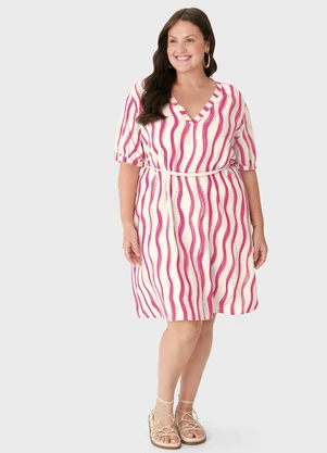 Malwee - Vestido Amplo Listrado em Viscolinho PlusRosa - MALWEE