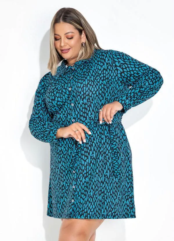 Marguerite - Vestido Animal Print Azul com Botões Plus Size