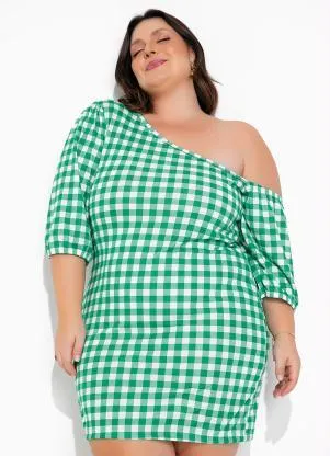 Queima Estoque - Vestido Assimétrico Xadrez Verde Plus Size - QUEIMA ESTOQUE