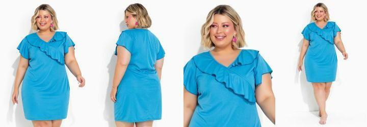 Vestido Azul com Babado Transpasado Plus Size