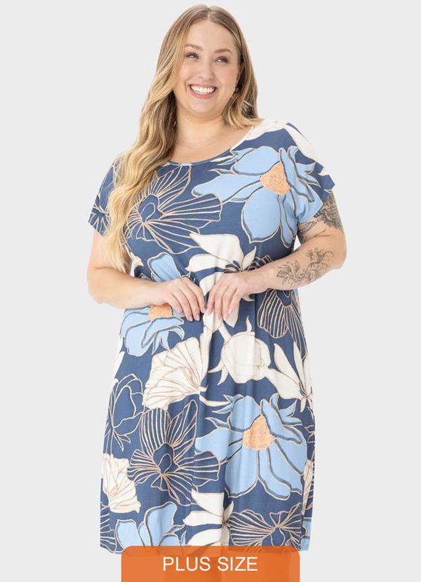 Malwee Plus - Vestido Azul Floral Evasê