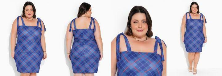 Vestido com Amarrao Xadrez Azul Plus Size
