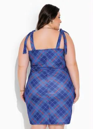 Marguerite - Vestido com Amarração Xadrez Azul Plus Size - MARGUERITE