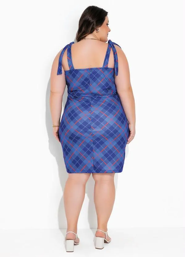 Marguerite - Vestido com Amarração Xadrez Azul Plus Size