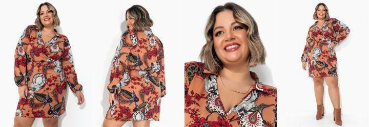 Vestido com Gola Leno Marrom Plus Size