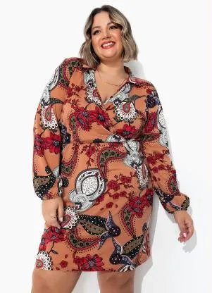 Marguerite - Vestido com Gola Lenço Marrom Plus Size - MARGUERITE