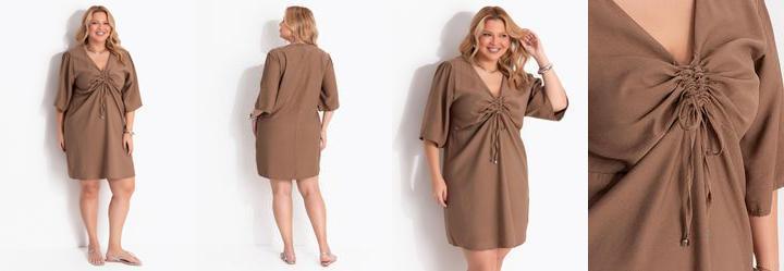 Vestido Curto Bege em Tecido Plano Mangas Evas�