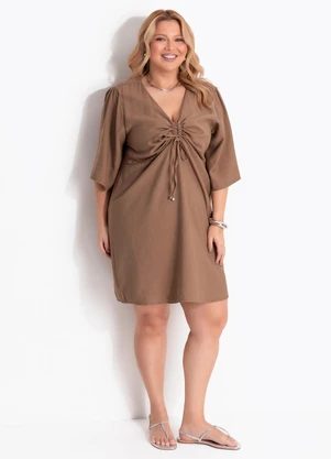 Marguerite - Vestido Curto Bege em Tecido Plano Mangas Evasê - MARGUERITE