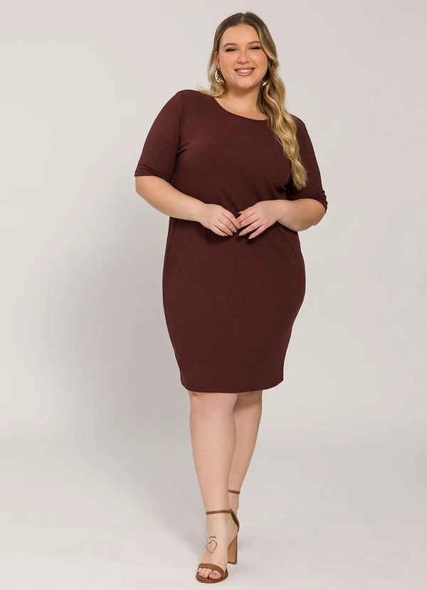 Lisamour - Vestido Curto Canelado de Manga Curta Marrom 3