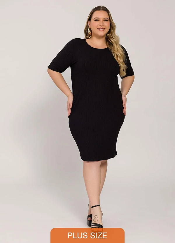Lisamour - Vestido Curto Canelado de Manga Curta Preto