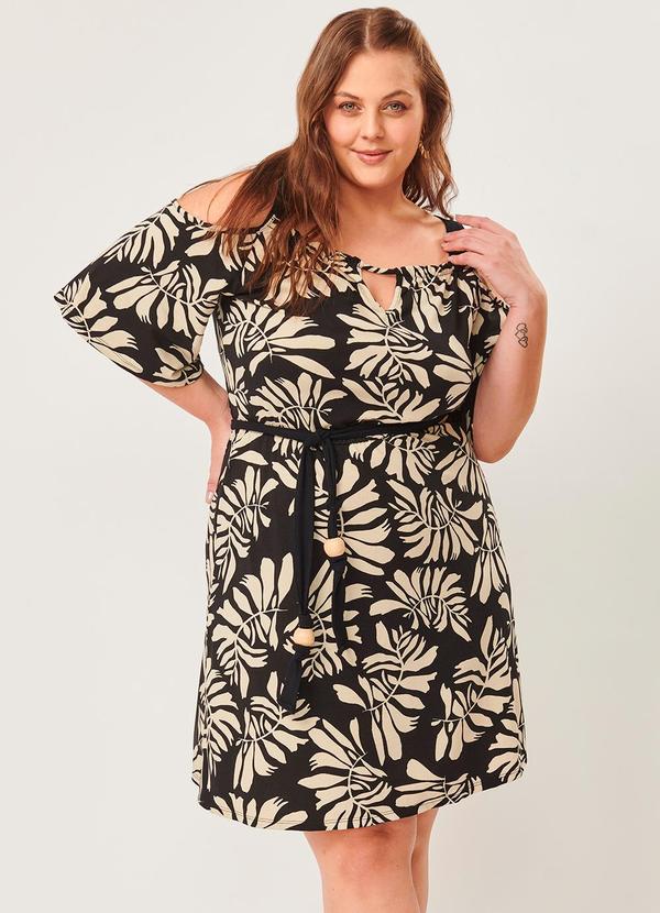 Lisamour - Vestido Curto com Cinto Preto Folhas