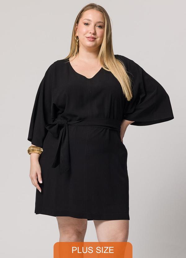 Lisamour - Vestido Curto com Manga Ampla e Faixa Preto