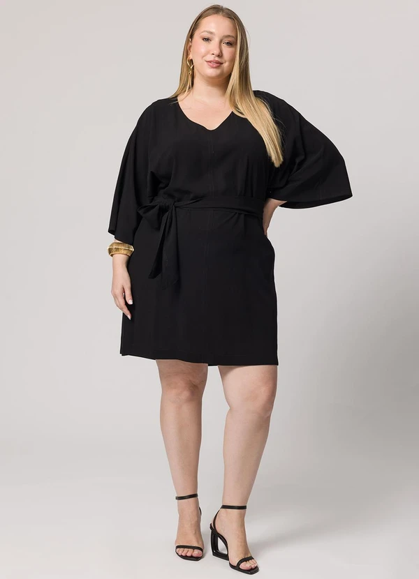 Lisamour - Vestido Curto com Manga Ampla e Faixa Preto 2