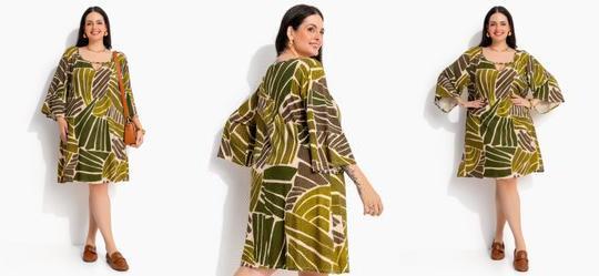 Vestido Curto Estilo Bata Folhagem Verde em Malha de Viscose