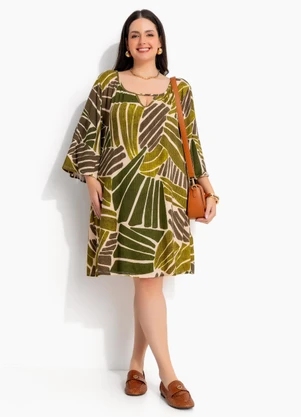 Marguerite - Vestido Curto Estilo Bata Folhagem Verde em Malha de Viscose - MARGUERITE