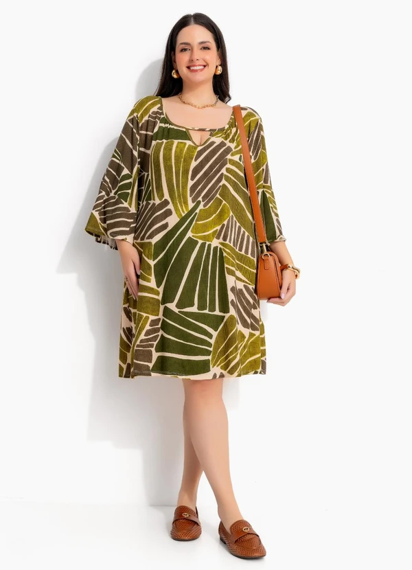 Marguerite - Vestido Curto Estilo Bata Folhagem Verde em Malha de Viscose