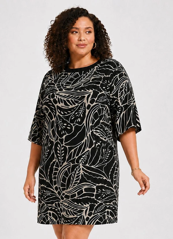 Select - Vestido Curto Feminino Plus Size Estampado Preto