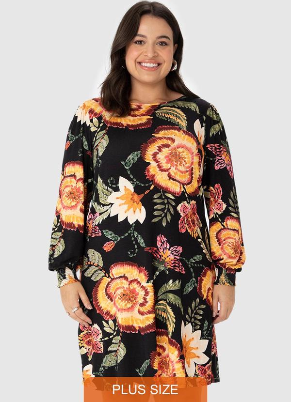 Malwee - Vestido Curto Floral Plus Preto