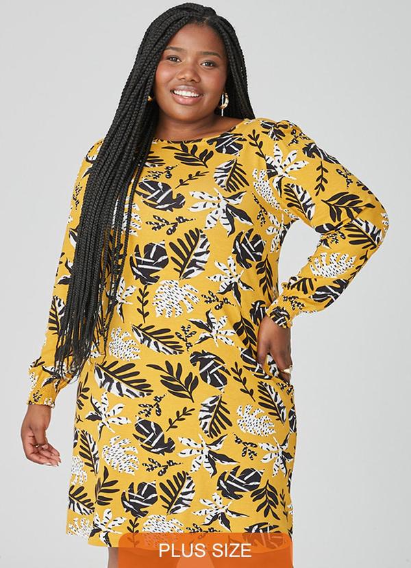 Malwee - Vestido Curto Folhagens Plus Amarelo