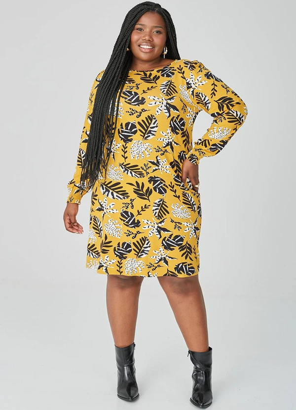 Malwee - Vestido Curto Folhagens Plus Amarelo 3