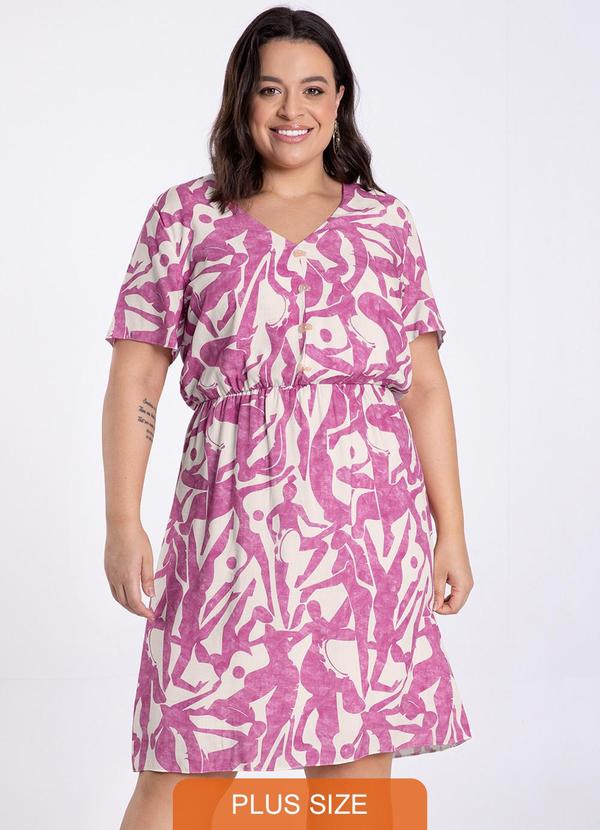 Lunender Mais Mulher - Vestido Curto Plus Size Estampado Decote V Rosa