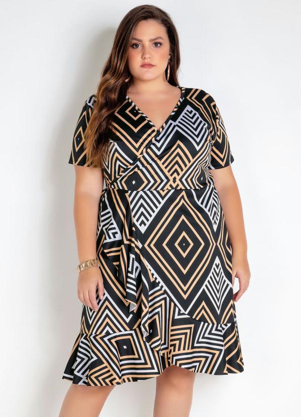 Mink - Vestido Envelope Estampado Preto Transpassado