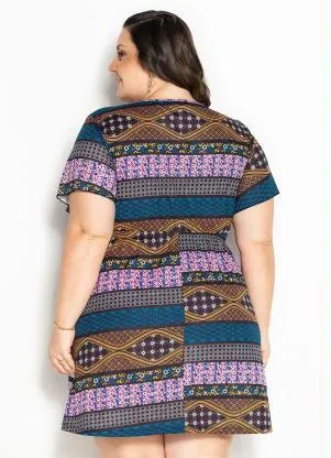 Marguerite - Vestido Étnico Azul com Amarração Plus Size - MARGUERITE