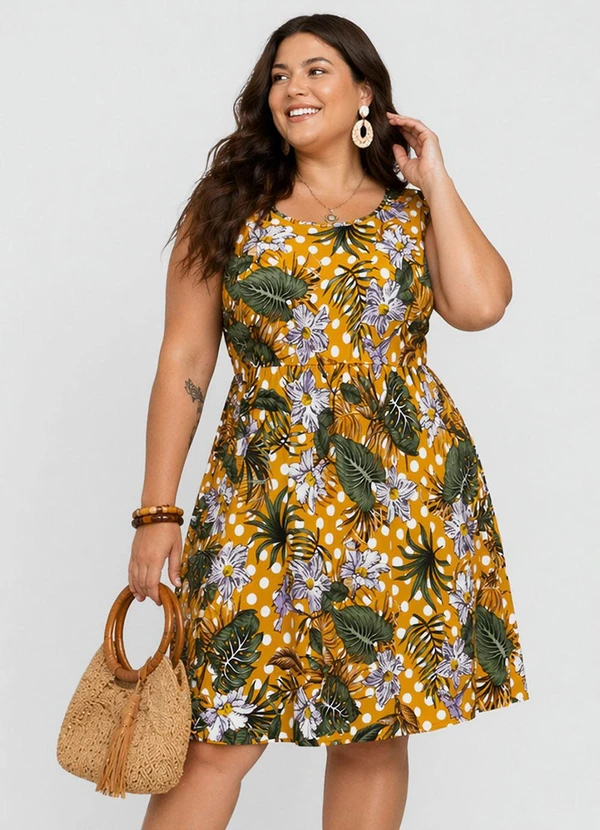 Select - Vestido Feminino Curto Plus Size em Amarelo