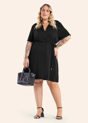 Secret Glam - Vestido Feminino Curto Viscose Sarjada Preto - SECRET GLAM