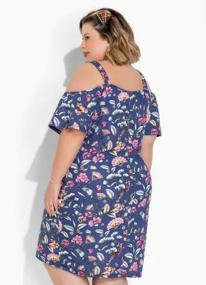 Marguerite - Vestido Floral Azul com Alças e Mangas Plus Size - MARGUERITE