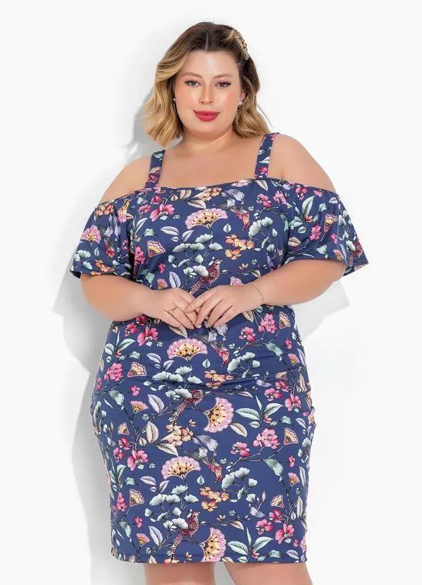 Marguerite - Vestido Floral Azul com Alças e Mangas Plus Size