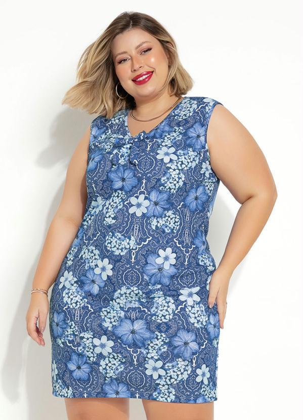 Vestido (Floral Azul)) com Amarrao Plus Size