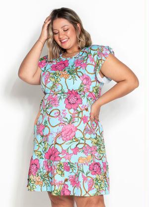 Vestido (Floral Azul) com Babadinhos Plus Size