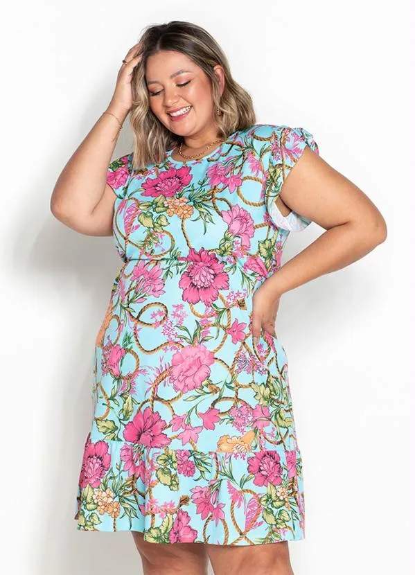 Queima Estoque - Vestido Floral Azul com Babadinhos Plus Size