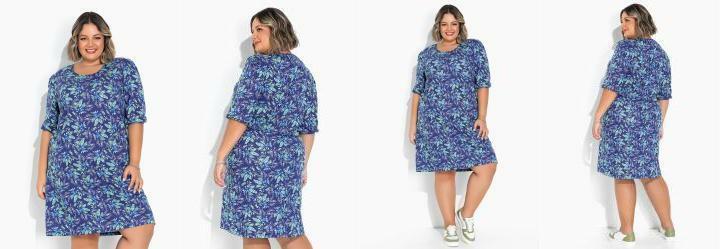 Vestido Floral Azul com Manga Bufante Plus Size