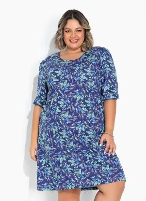Marguerite - Vestido Floral Azul com Manga Bufante Plus Size - MARGUERITE