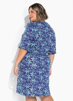 Marguerite - Vestido Floral Azul com Manga Bufante Plus Size - MARGUERITE