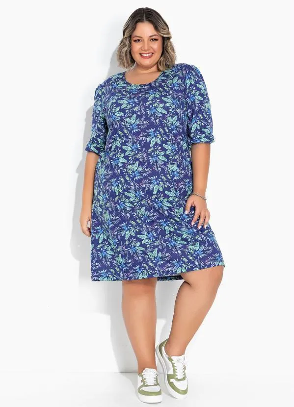 Marguerite - Vestido Floral Azul com Manga Bufante Plus Size 3