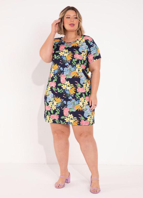 Outlet - Vestido Floral Azul com Mangas Curtas Plus Size 2