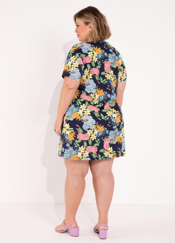 Outlet - Vestido Floral Azul com Mangas Curtas Plus Size 1