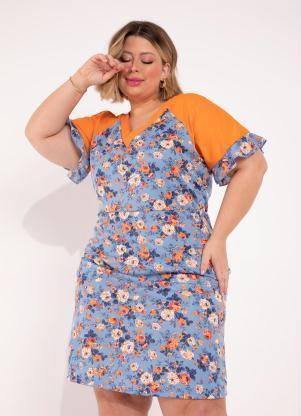 Vestido (Floral Azul e Laranja) Plus Size