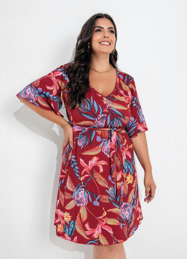 Marguerite - Vestido Floral Bordô com Amarração Plus Size 1