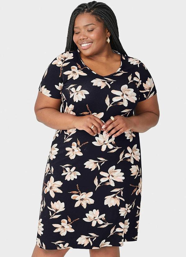 Malwee - Vestido Floral Curto Plus Preto