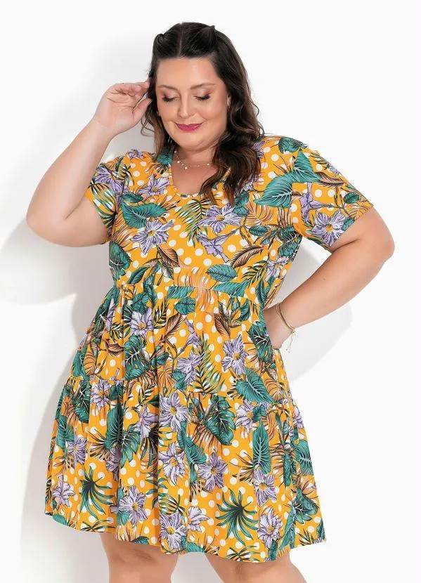 Marguerite - Vestido Floral e Poá com Franzidos Plus Size