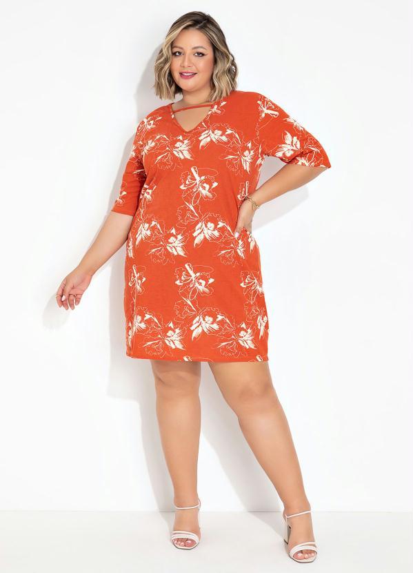 Queima Estoque - Vestido Floral Laranja Plus Size com Tira Decote 3