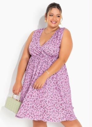 Vestido (Floral Lils) com Saia Plissada Plus Size