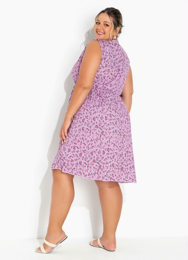 Marguerite - Vestido Floral Lilás com Saia Plissada Plus Size