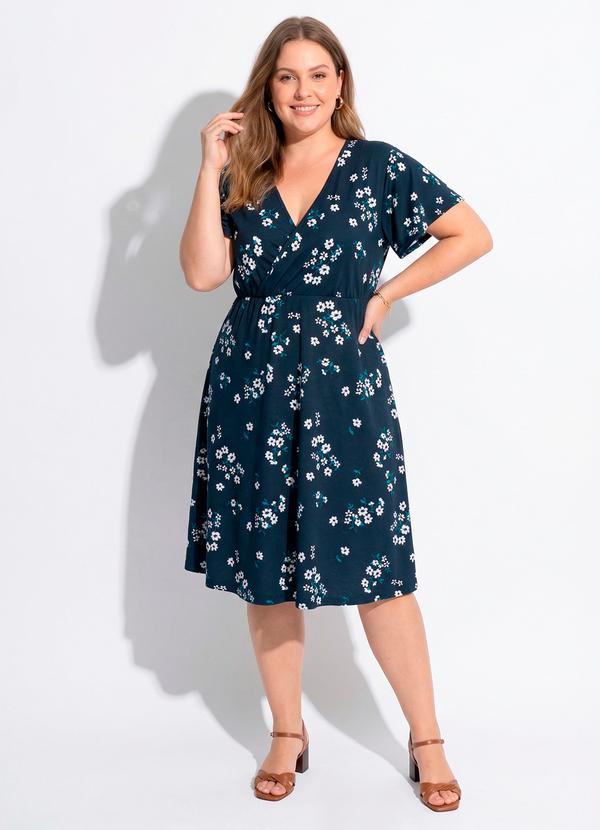 Vestido (Floral Marinho) em Malha de Poli�ster