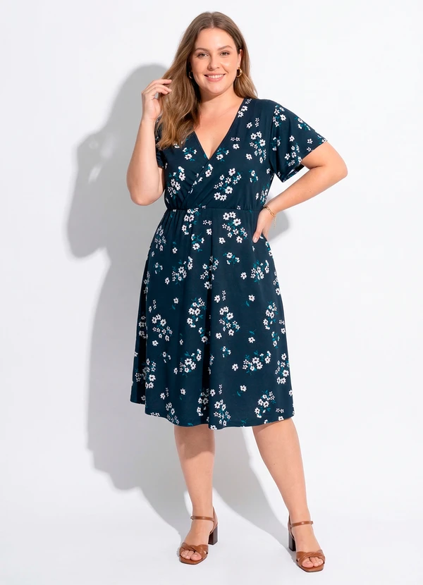 Marguerite - Vestido Floral Marinho em Malha de Poliéster